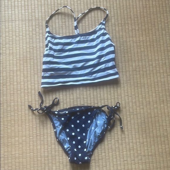 J. Crew blue and white two piece tankini/bikini. Dots on bottom, stripes on top. - Picture 1 of 3